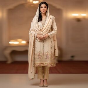 Women's Pakistani Indian 3-Piece Salwar Kameez Dupatta, Custom Size, Beige/Gold